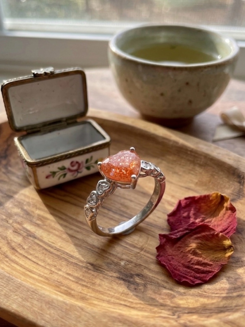 Natural Sunstone Radiant Heart Ring - Eternal Glow Silver Tone Copper Band